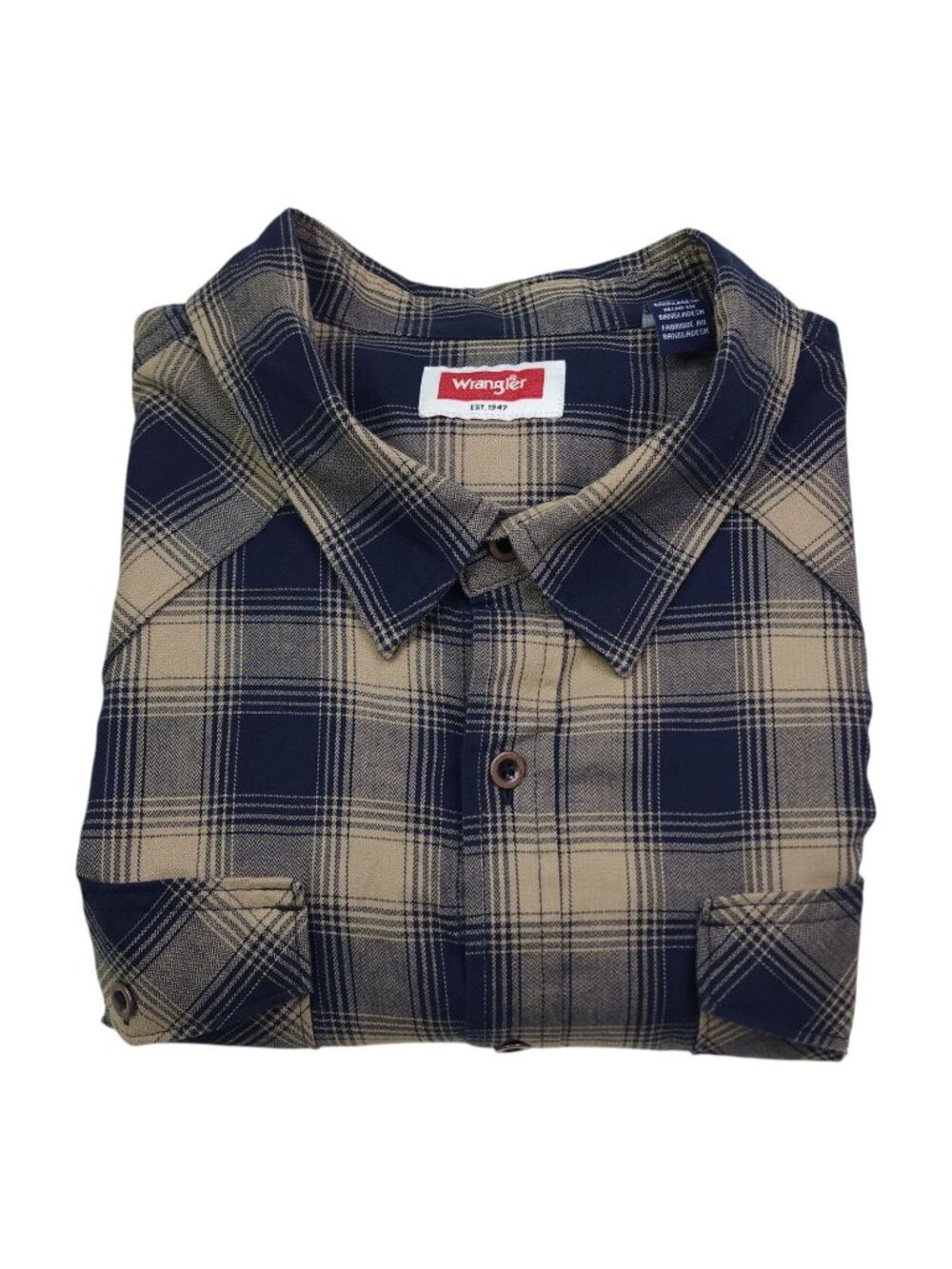 Wrangler Mens Plaid Flannel Button-Up Shirt 2XL Navy & Beige Long Sleeve Classic